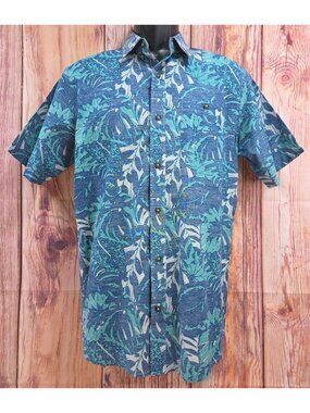 Travis Mathew Mens Short Sleeve Blue Tropical Print Shirt Medium
